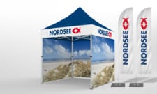 2x2 Info-Pavillon, faltbar. Innen- und Aussenseiten vollflächig bedrucken. Logo Druck auf dem Dachrand