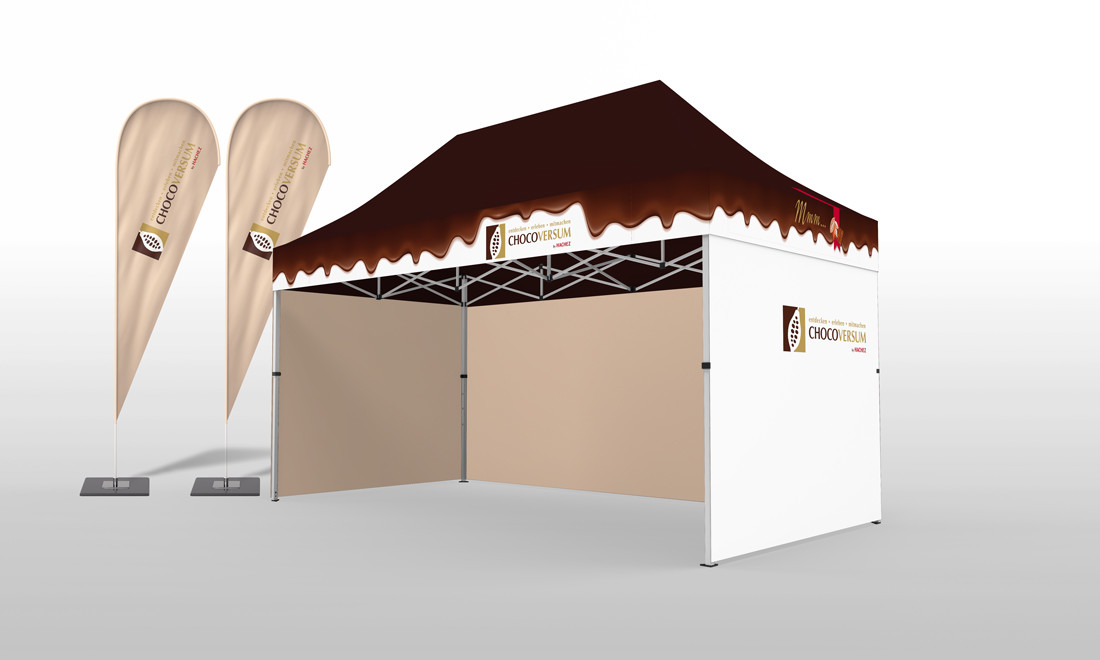 2x3 Promo Faltpavillons Chocoversum Hamburg bedrucken wir auf den Dachrand, angepasst an die Dachfarbe bedruckt.