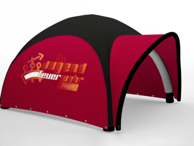 Feuerwehr Pavillon 5x5 Meter aufblasbarer Pavillon Jugendfeuerwehr Siegen in Rot und Schwarz Kombination mit Eingangs-Vordach. Seitenteile bedruckt in Großformat mit dem Logo der Jugendfeuerwehr Siegen.