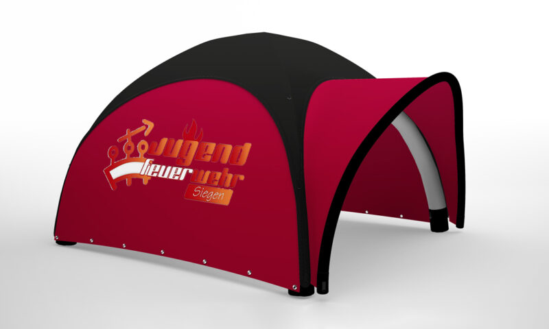 Feuerwehr Pavillon 5x5 Meter aufblasbarer Pavillon Jugendfeuerwehr Siegen in Rot und Schwarz Kombination mit Eingangs-Vordach. Seitenteile bedruckt in Großformat mit dem Logo der Jugendfeuerwehr Siegen.