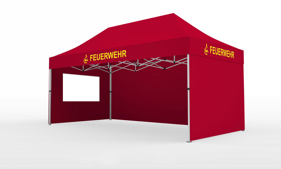 Feuerwehr Pavillon 3x4.5 Faltzelt Feuerwehr-Mosbach ,Dach und Seitenteile in Rot, Dachrand bedruckt mit "Feuerwehr und Logo"