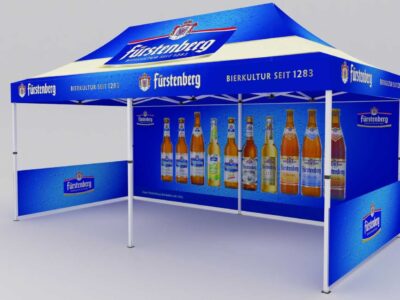 pavillon-3x6-fuerstenberg mit Verkaufs-Ausstattung und sehr hochwertig bedruckt.