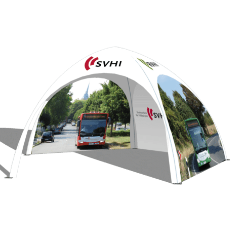 SVHI Promotion Dome-Pavillon 4x4 mit doppelseit bedruckten Seiten und diverse Logos auf dem Dach.