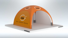 4x4-airdome-Abfallwirtschaft Rendsburg aufblasbarer Prootion Pavillon in Orange mit Logos und Bildern bedruckt.