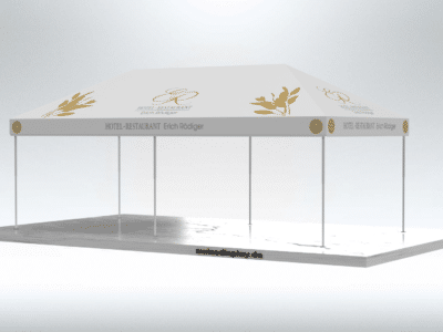 Faltpavillon-4x8 Hotel Rödiger bedrucken Dachfläche in weiss mit Logos, Dachrand bedruckt mit Logos