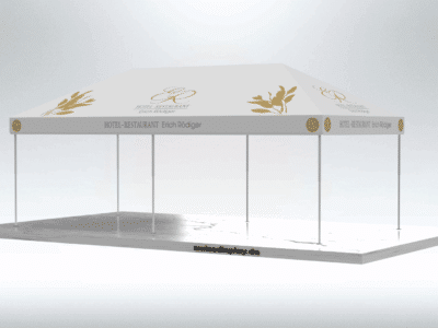 Faltpavillon-4x8 Hotel Rödiger bedrucken Dachfläche in weiss mit Logos, Dachrand bedruckt mit Logos