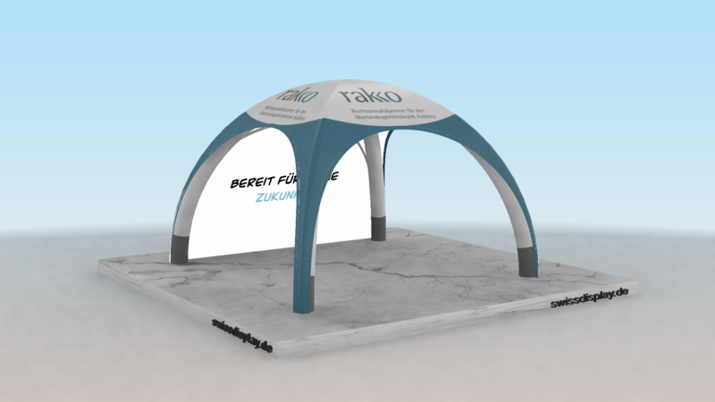 Aufblasbarer Promotion Pavillon 3x3 in Grün mit abgesetzten weissen Flächen für Logos und auf der Innenseite bedruckten Seitenwand.