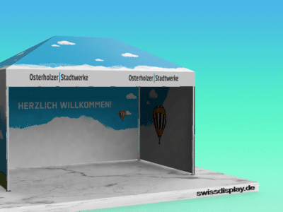 Faltpavillon 3x4.5 mit Dachdruck, Volant bedruckt und bedruckten Seitenteilen innen + aussen.