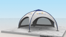 6x6-domepavillon-tk-energietechnik in Weiss mit blauen Tunneln und Logo auf dem Dach, dazu Seitenteile mit großen Fenstern.