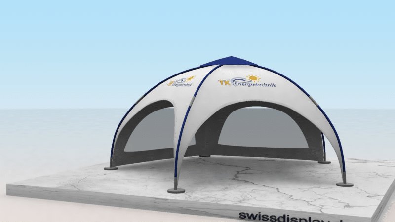 6x6-domepavillon-tk-energietechnik in Weiss mit blauen Tunneln und Logo auf dem Dach, dazu Seitenteile mit großen Fenstern.