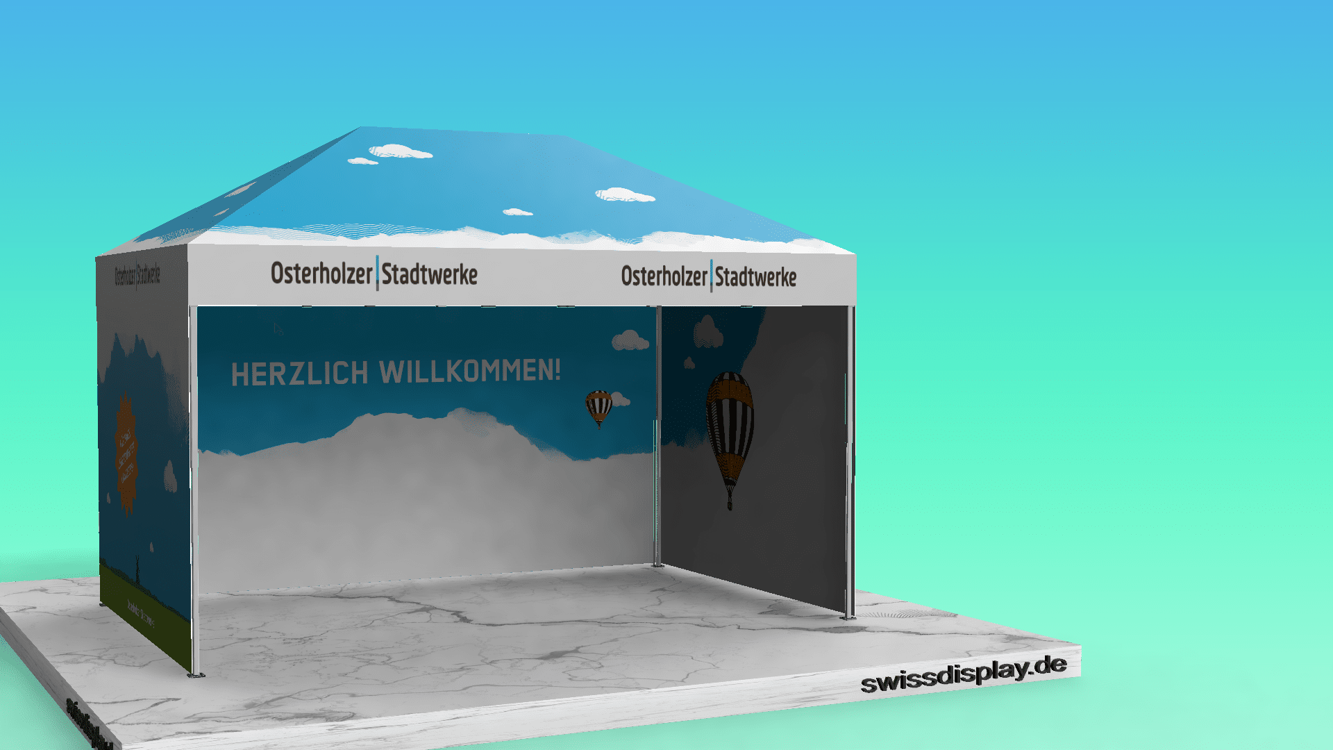 Faltpavillon 3x4.5 mit Dachdruck, Volant bedruckt und bedruckten Seitenteilen innen + aussen.