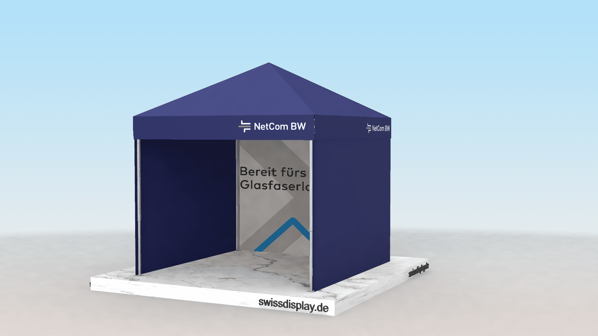 Faltpavillon 2x3 mit Logo-Drucken a.d. Volant. Dachfläche abgesetzt in Blau mit großem Firmenlogo Faltpavillon 3x3m für Business-Teams