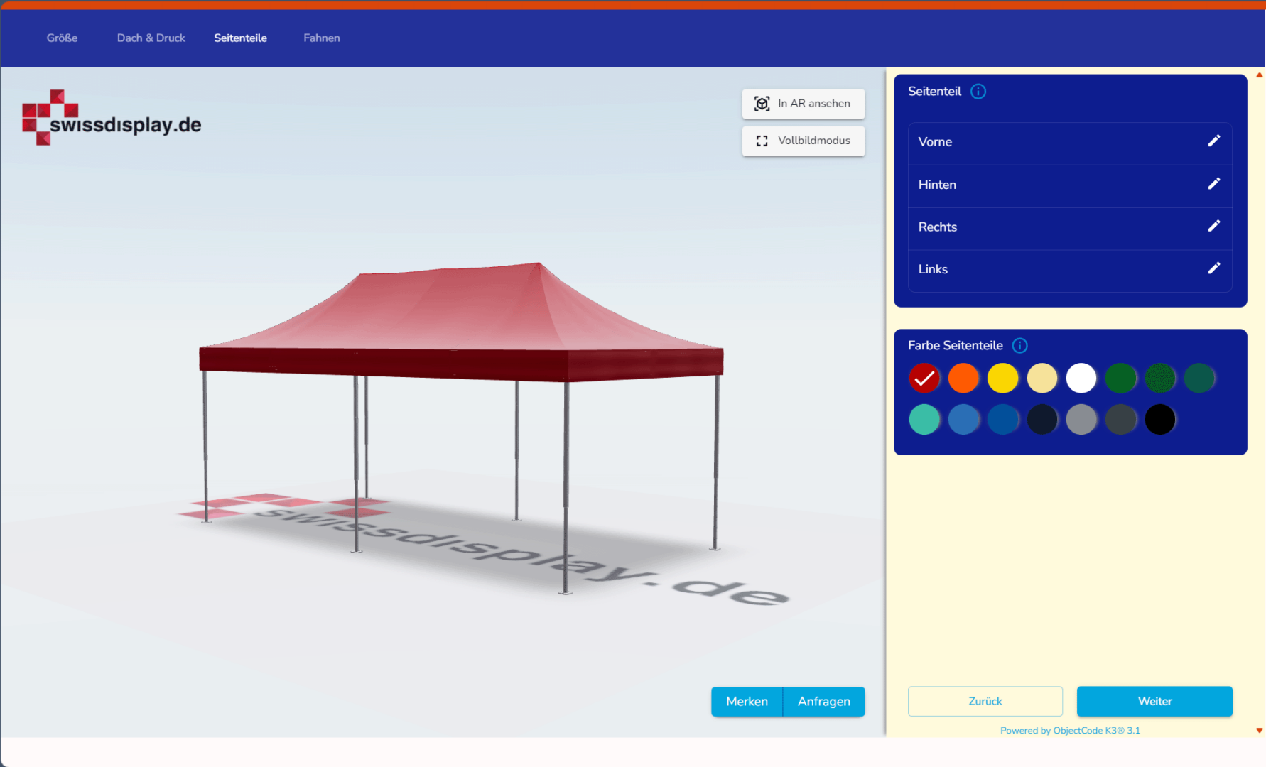 Serviceleistung Faltpavillon online selbst konfigurieren mit Logo usw.