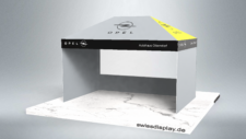 Faltpavillon 3x4.5m für Business-Teams. Mehrfarbige Dachflächen, abgesetzt Volant in Schwarz mit weissen Logos, große Fensterwand i.d. Rückseite