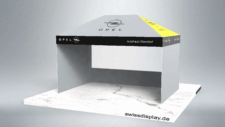Faltpavillon 3x4.5m für Business-Teams. Mehrfarbige Dachflächen, abgesetzt Volant in Schwarz mit weissen Logos, große Fensterwand i.d. Rückseite