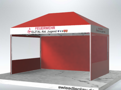 Feuerwehr Pavillon 3x4.5 Faltzelt in Rot mit weissen Dachrändern. Weisse Dachränder bedrucken mit Schriftzug "Feuerwehr Elztal Abt.Jugend und diverse Logos und Wappen", Seitenteile mit Panorama Fenster.