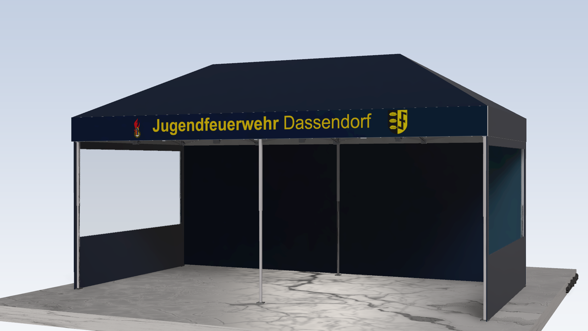 Feuerwehr Pavillon 3x6 Faltpavillon Farbe Marine Blau, davon 2 Seiten mit Panoramafenster. Dachrand bedruckt "Jugendfeuerwehr Dassendorf und 2 Logos"