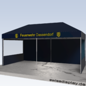 Feuerwehr Pavillon 3x6 Faltpavillon Farbe Marine Blau, davon 2 Seiten mit Panoramafenster. Dachrand bedruckt "Feuerwehr Dassendorf und 2 Logos"