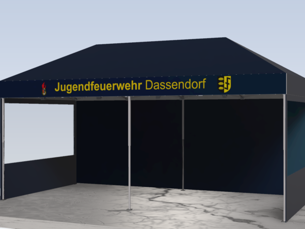 Jugendfeuerwehr Pavillon 3x6 Faltpavillon Farbe Marine Blau, davon 2 Seiten mit Panoramafenster. Dachrand bedruckt "Jugendfeuerwehr Dassendorf und 2 Logos"