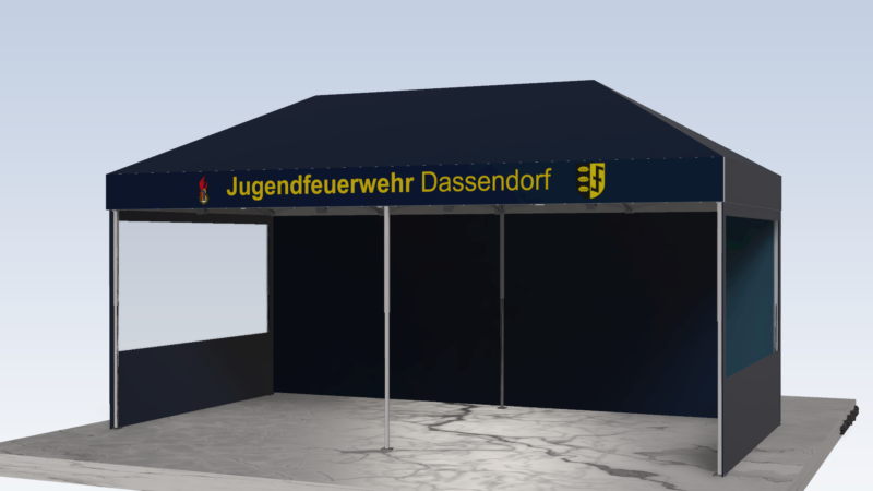 Jugendfeuerwehr Pavillon 3x6 Faltpavillon Farbe Marine Blau, davon 2 Seiten mit Panoramafenster. Dachrand bedruckt "Jugendfeuerwehr Dassendorf und 2 Logos"