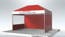 Feuerwehr Pavillon 3x4.5 Faltzelt in Rot mit weissen Dachrändern. Weisse Dachränder bedrucken mit Schriftzug "Feuerwehr Elztal Abt.Jugend und diverse Logos und Wappen", Seitenteile mit Panorama Fenster.