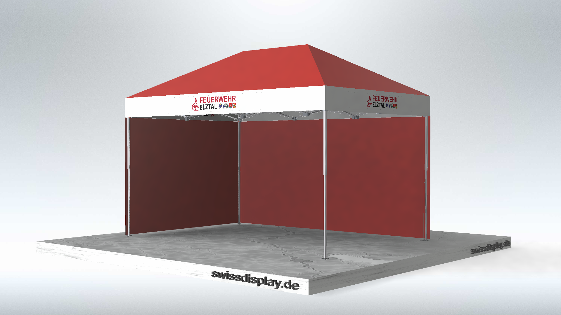 Feuerwehr Pavillon 3x4.5 Faltzelt in Rot mit weissen Dachrändern. Weisse Dachränder bedrucken mit Schriftzug "Feuerwehr Elztal und diverse Logos und Wappen"