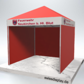 Feuerwehr Pavillon 3x3 Faltzelt in Rot mit weissen Dachrändern. Weisse Dachränder bedrucken mit Schriftzug "Feuerwehr Neukirchen und Logo"