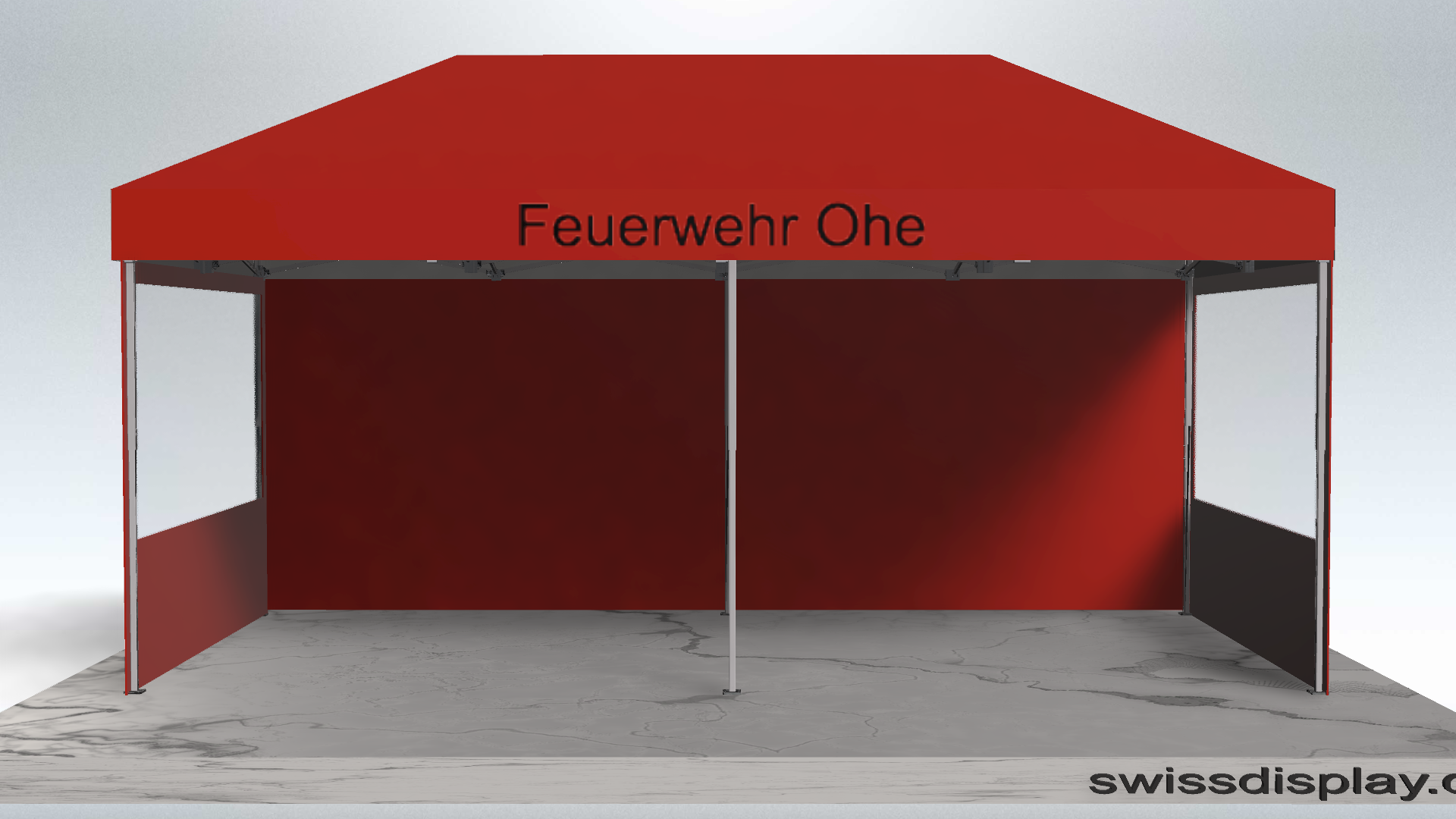 Feuerwehr Pavillon 3x6 Faltzelt komplett in Rot Dach und Seitenteile, davon 2 Seiten mit Panorama-Fenster. Dachrand bedrucken mit Schriftzug "Feuerwehr Ohe"