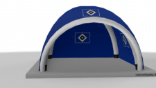 Aufblasbarer Pavillon 3x3 Typ AirDome bedruckt mit HSV Logos, Hintergrund blau mit Luftkammern in Weiss