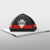 Dome-Pavillon 4x4 REWE Torhunger Promotion bedruckte Seitenwände Logos in Weiss auf Schwarz mit roter Binde ringsherum und dem REWE Logo.