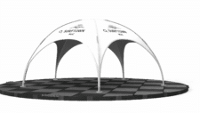 9x9-Dome-Pavillon in Weiss bedruckt mit Firmenlogo auf den Dachflächen