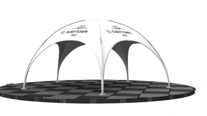 9x9-Dome-Pavillon in Weiss bedruckt mit Firmenlogo auf den Dachflächen