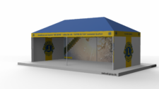 Faltpavillon-4x8-Lionsclub mit Seitenteilen innen und außen riesige Bilder, blaues Dach mit gelbem Dachrand beschriftet mit Namen und Logos