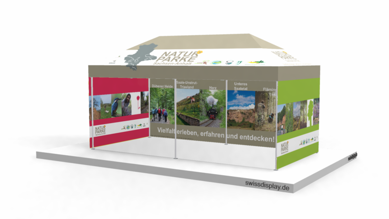 Faltpavillon-3x3-Naturparke mit Innenseiten und Aussenseiten bedruckt mit Natur-Motiven diverser Parke und grossflächigen Logos a.d. Dachfläche: Naturparke Sachsen-Anhalt