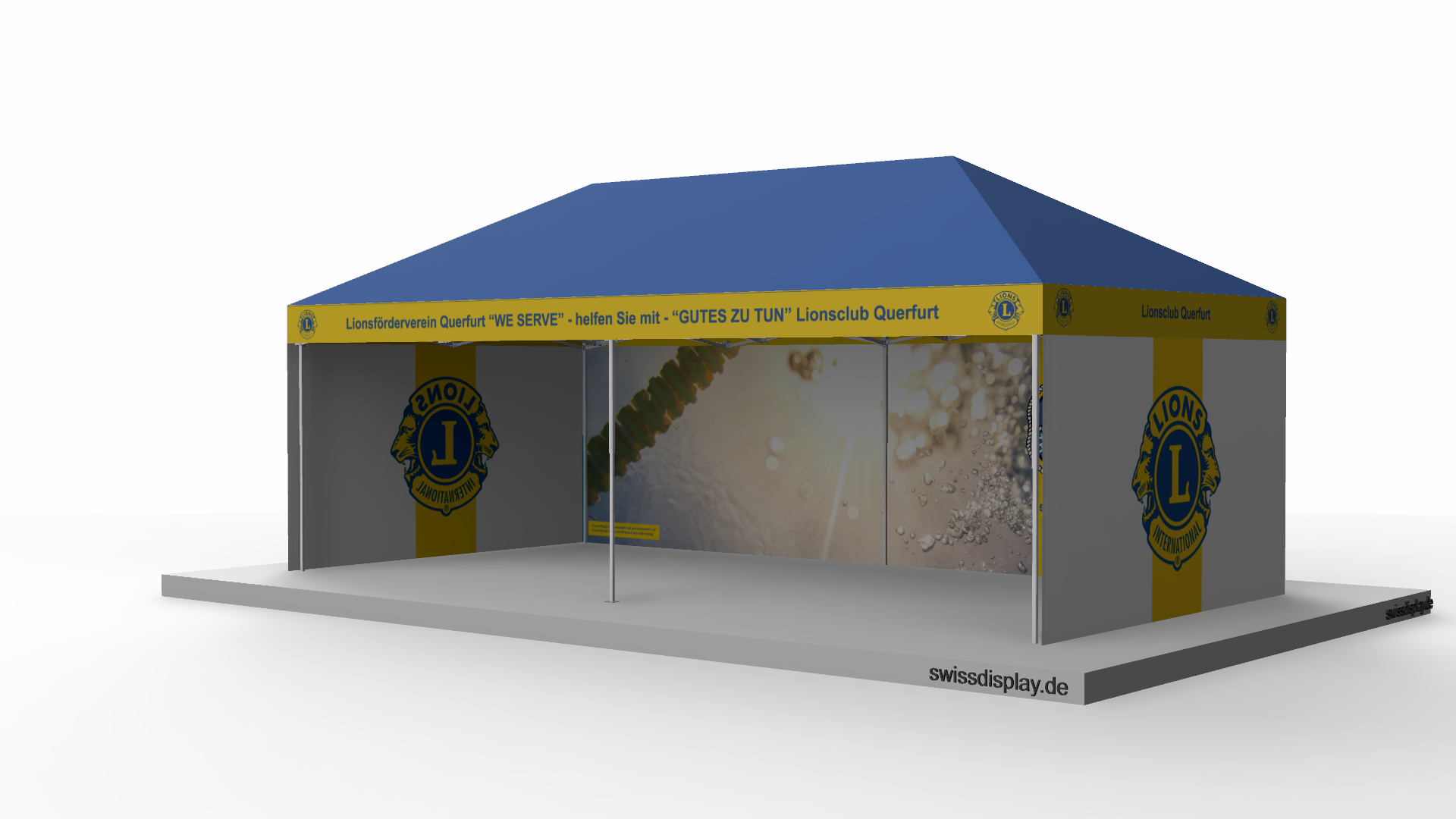 Faltpavillon-4x8-Lionsclub mit Seitenteilen innen und außen riesige Bilder, blaues Dach mit gelbem Dachrand beschriftet mit Namen und Logos