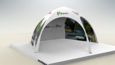 Kuppel Pavillon-4x4 Verkehrsbetriebe in weiss, Logos auf 5 Dachflächen, Seitenteile mit Großfotos Innen und Aussenseiten bedrucken