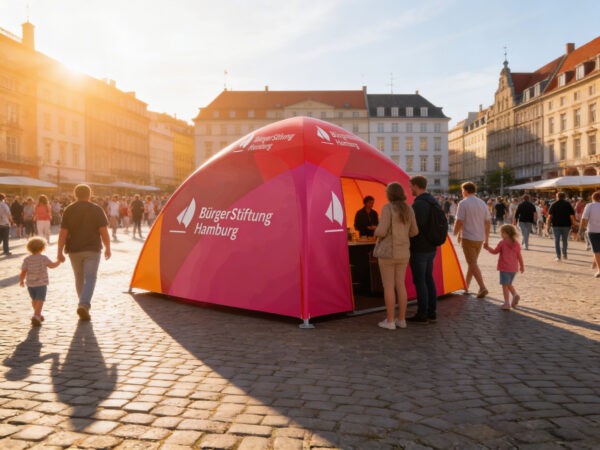Kuppel-Pavillon 4x4m bedruckt als Infostand – Swiss Display Hamburg