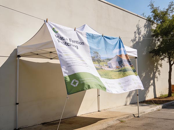 Faltpavillon Plane trocknen vor dem Einlagern – aufgehängte bedruckte Zeltplane trocknet vollständig