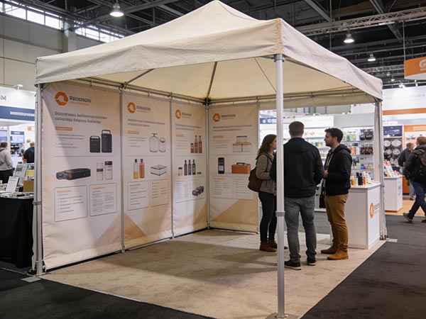 Faltpavillon Seitenwand innen bedruckt – Messeeinsatz mit Produktpräsentation auf Innenseite