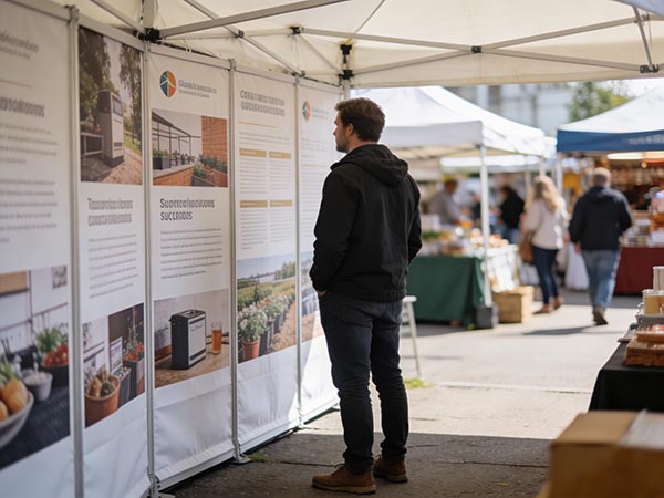 Faltpavillon Seitenwand Werbebotschaft – Besucher liest bedruckte Seitenwand im Nahbereich des Standes