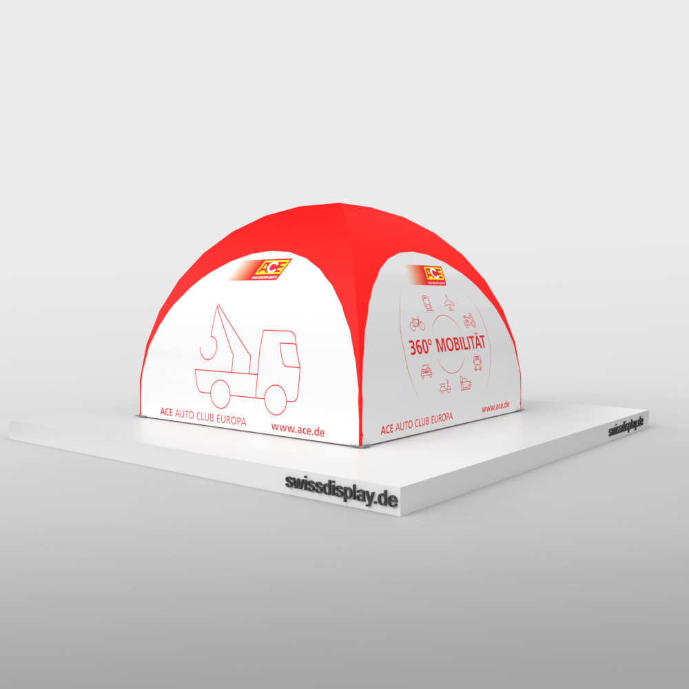 Kuppel-Pavillon 3x3 m mit ACE Auto Club Europa Branding, Motiv 360 Grad Mobilität