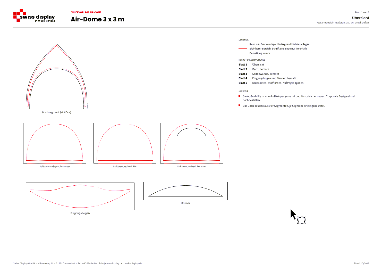 Druckvorlage Air-Dome 3x3 m: Übersicht aller Druckflächen
