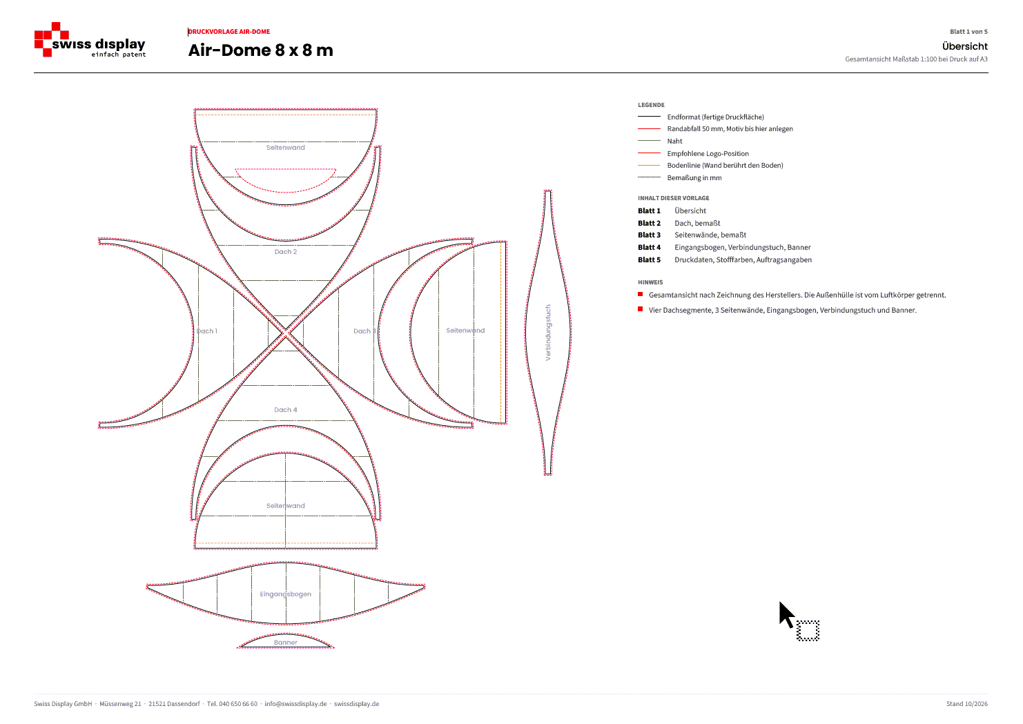 Druckvorlage Air-Dome 8x8 m: Seitenwände mit Bemaßung in mm