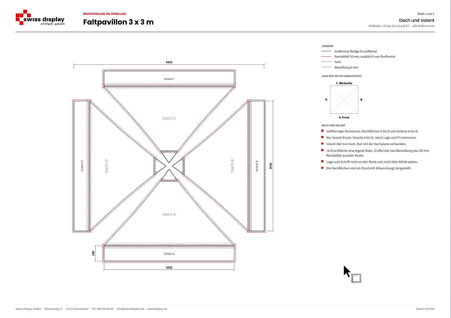 Druckvorlage Faltpavillon 3x3 m: Dach und Volant mit Bemaßung in mm