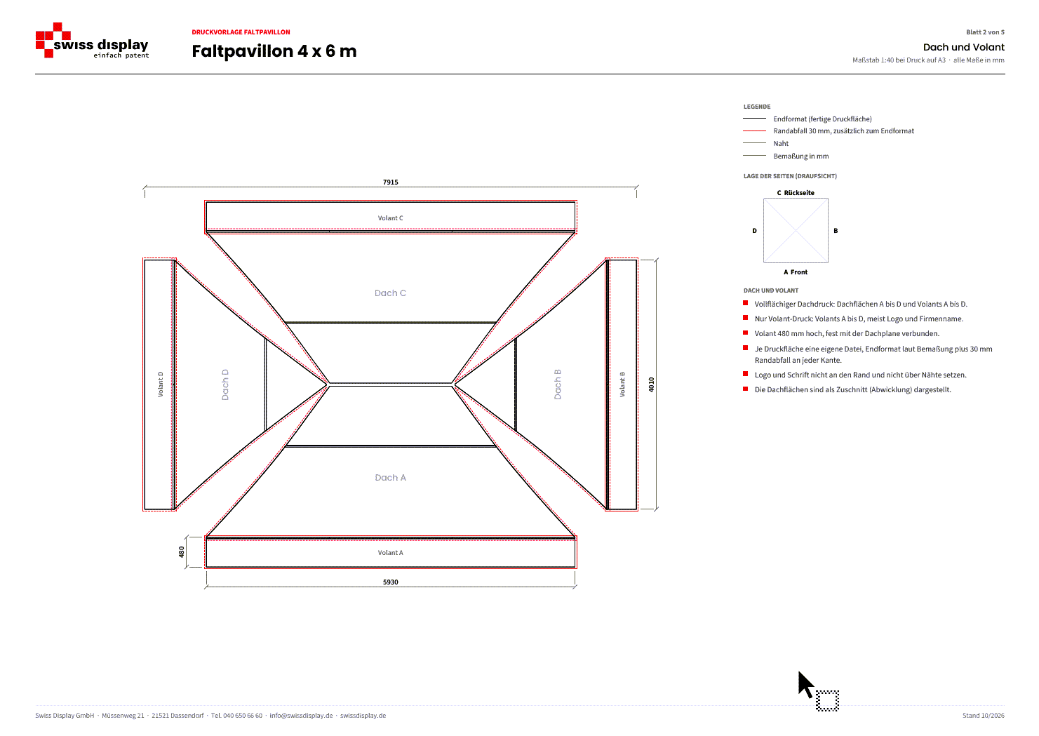 ruckvorlage Faltpavillon 4x6 m: Dach und Volant mit Bemaßung in mm
